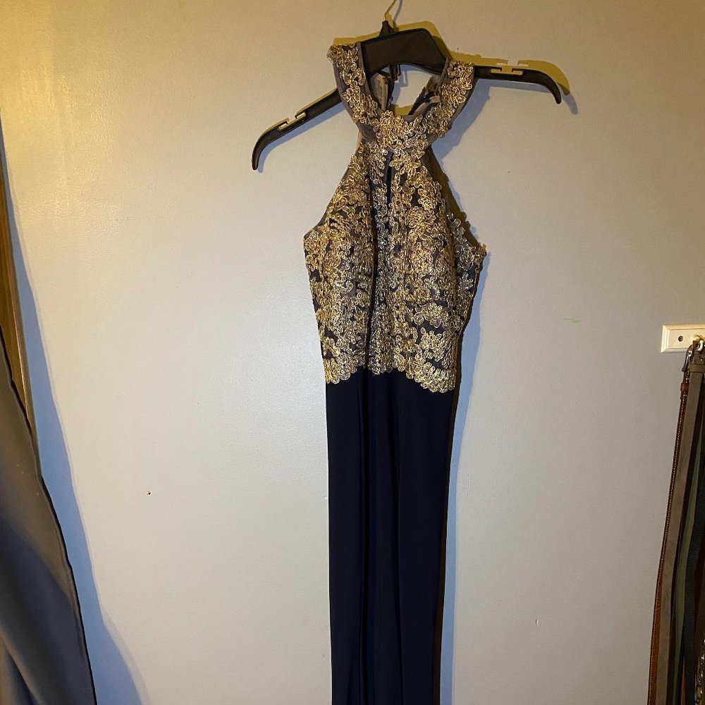 Navy and gold prom dress